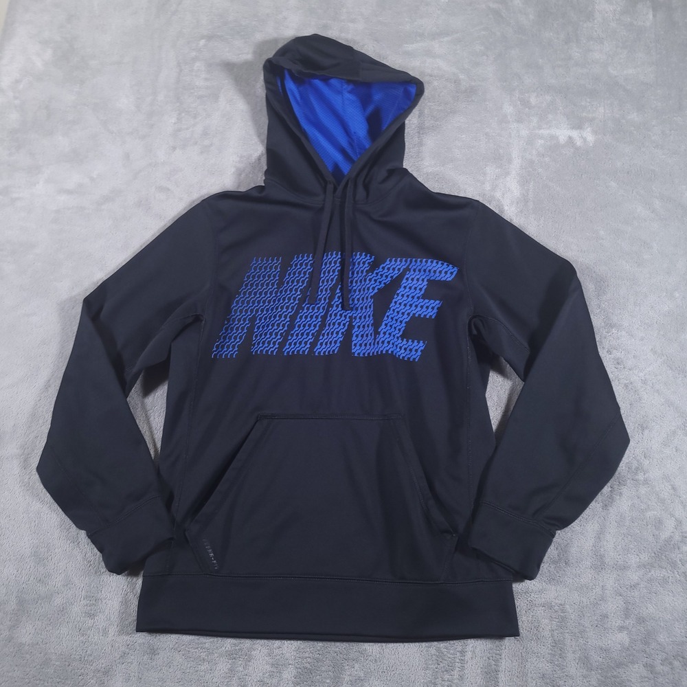 Nike Hoodie‎ Mens S Black Blue Therma-FIT Pullover Graphic Logo Warm Sportswear